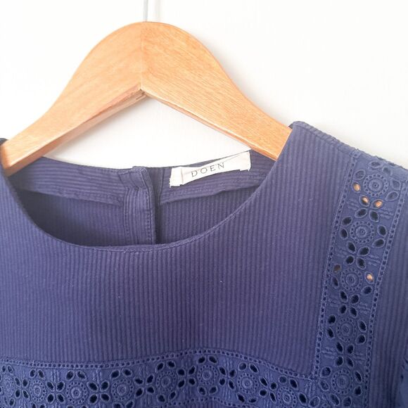 Doen Minore Dress Navy Size S Eyelet Collared Long Sleeve Organic Cotton Cottage - Picture 11 of 13